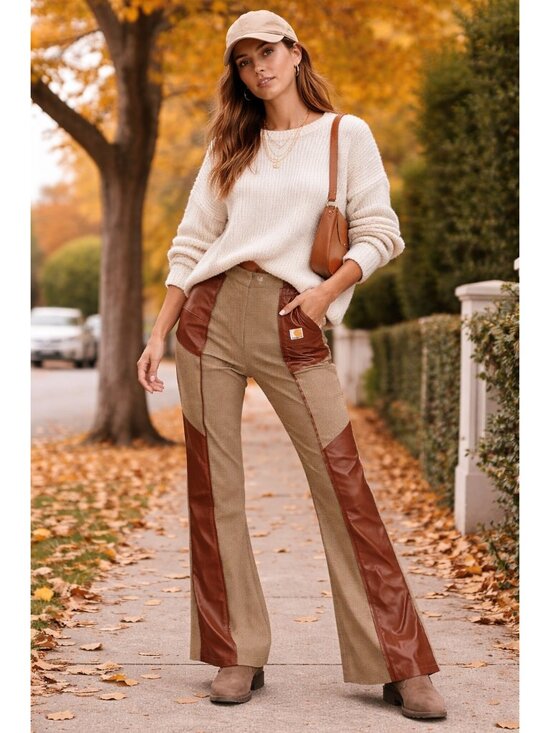 No Brand Pants - Beige Caramel Patchwork Flare Pants Medium Contrast Faux Leather Y2K Streetwear